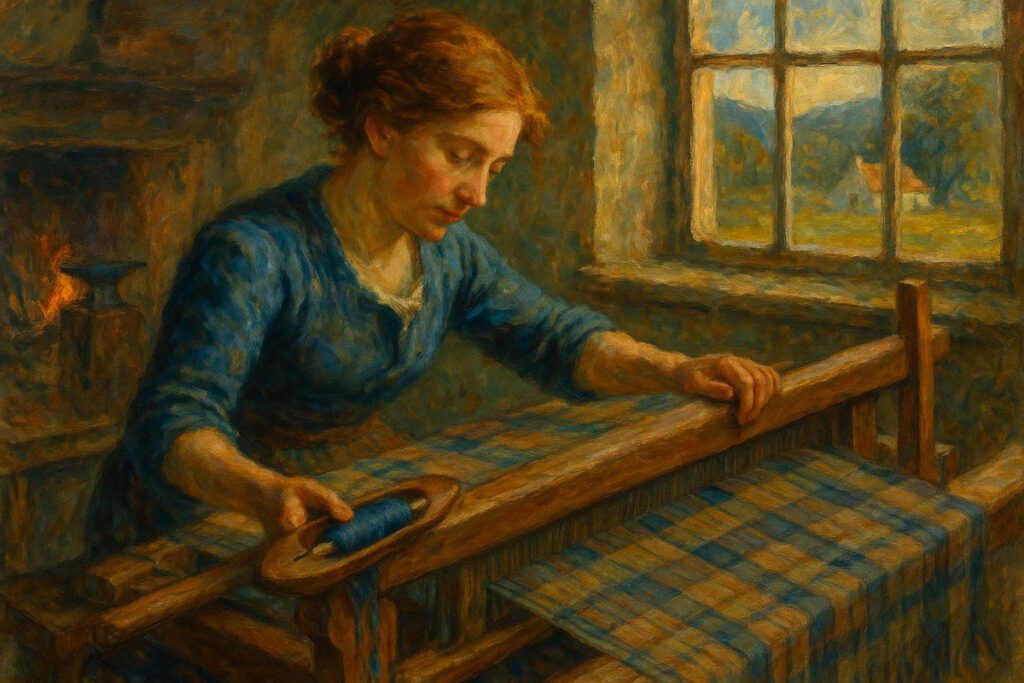 Oil painting of an Irish woman weaving fabric on a wooden loom in a rustic workshop, with sunlight streaming through a window revealing a rural countryside view.