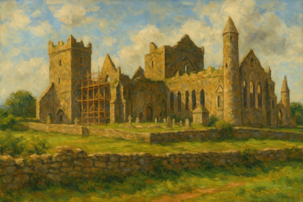 Impressionist-style painting of an ancient Irish abbey under restoration, with scaffolding, stone walls, and a lush green landscape beneath a partly cloudy sky.