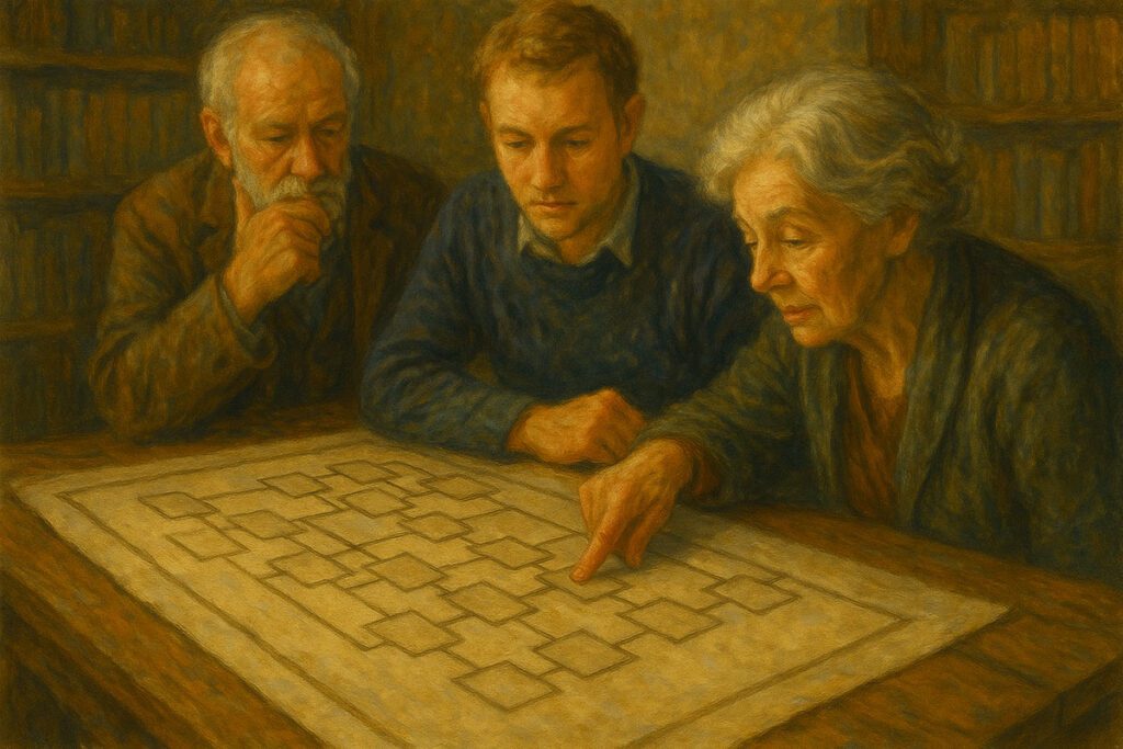 Three people of different ages gathered around a wooden table, examining a family tree chart with thoughtful expressions in a softly lit, rustic study.