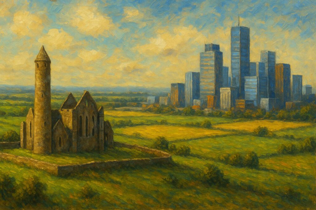 Painting-style landscape of Ireland showing ancient stone ruins, a traditional village, and rolling green hills alongside modern buildings and wind turbines, symbolizing the balance between heritage and progress under a dramatic sky.