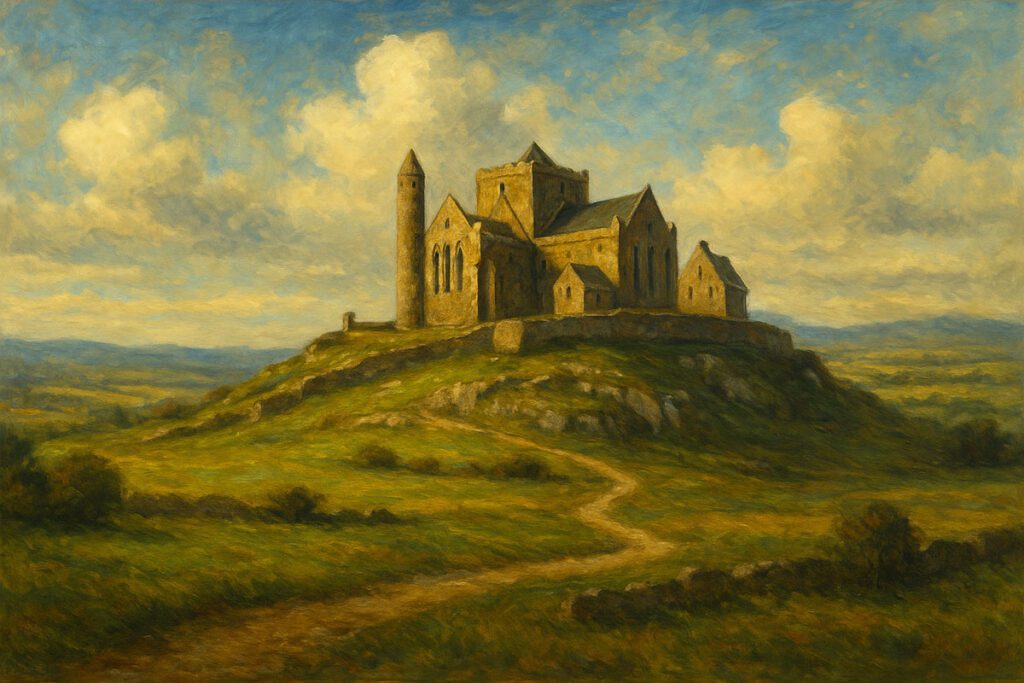 Painting-style landscape of the Rock of Cashel in Ireland, showing medieval cathedral ruins, a round tower, and stone walls perched on a limestone hill above green fields under a bright sky.