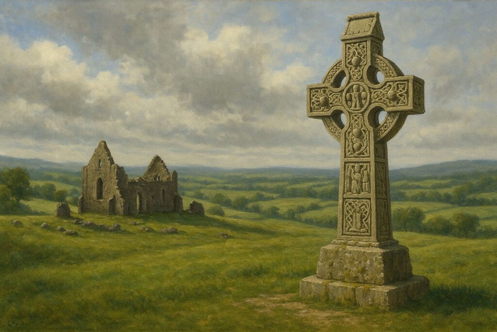 A painting-style depiction of a tall Celtic high cross standing in a grassy Irish monastic site, with intricate carvings and a circular ring around the arms. Rolling green hills and a ruined stone church in the background under a cloudy sky. Spiritual, historic, and atmospheric.