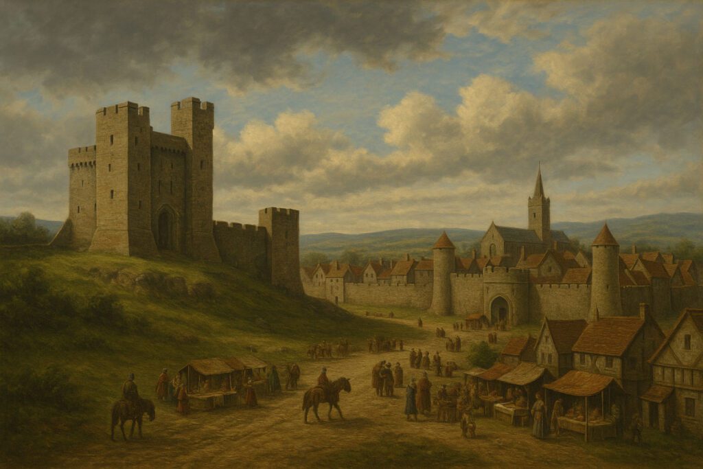 A painting-style depiction of a Norman castle in Ireland with tall stone walls and a keep, overlooking a medieval walled town with narrow streets and market life. Rolling Irish hills in the background under a dramatic sky. Historic, atmospheric, and detailed.