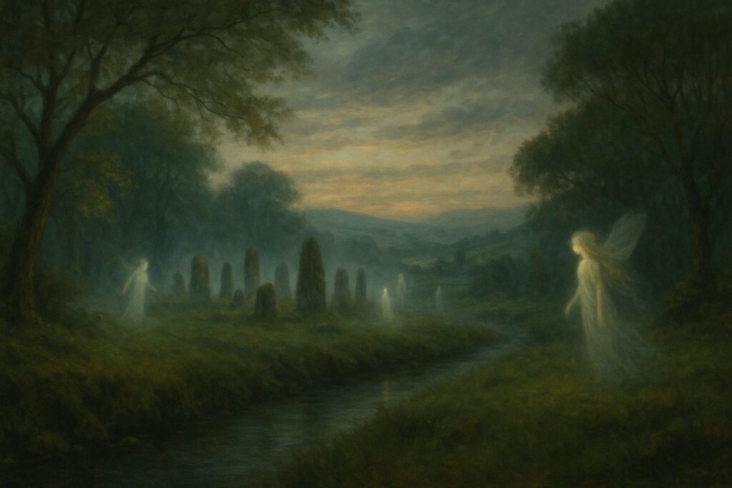 A painting-style depiction of an Irish fairy glen at dusk, with soft mist, a standing stone circle, and faint ethereal figures or fairies glowing among trees. A river winds through the green landscape beneath a twilight sky. Mystical, atmospheric, and rooted in Irish folklore.