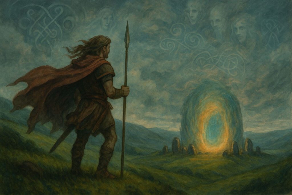 A painting-style scene blending ancient Irish mythology with modern fantasy: Cú Chulainn standing on a misty Irish hillside overlooking a glowing Otherworld portal. Celtic knots and spirits subtly visible in the sky. Dramatic, mystical, and atmospheric.