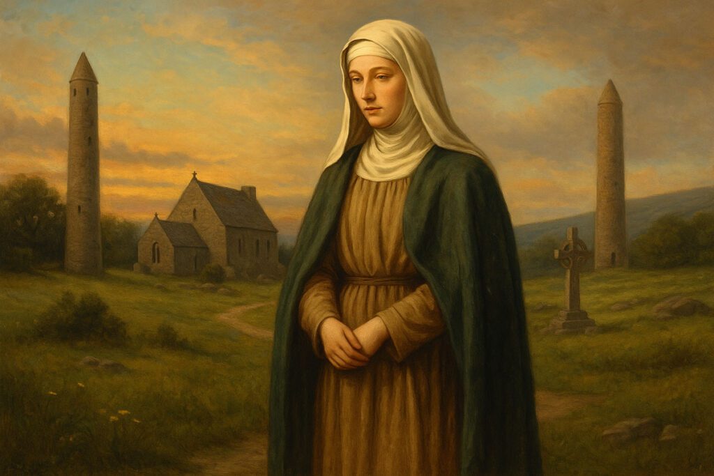 A painting-style depiction of St. Brigid of Kildare standing in a soft Irish landscape. A monastery and round tower sit in the distance under warm early spring light. Peaceful, sacred, and atmospheric.