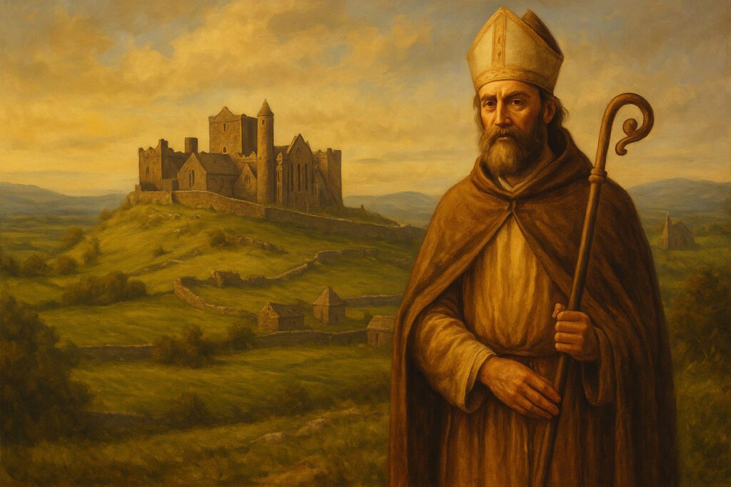 A painting-style depiction of St. Cormac mac Cuilennáin standing near the Rock of Cashel. He wears simple bishop’s robes and holds a staff. Rolling green hills and early medieval buildings lie behind him under soft golden light. Noble, peaceful, and historic tone.
