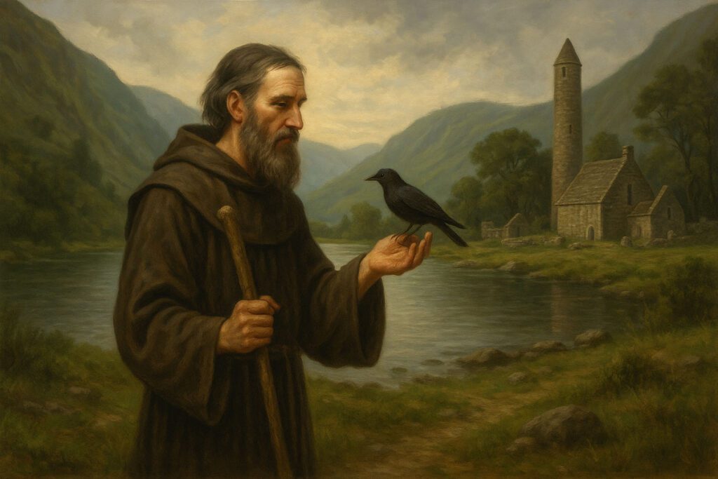 A painting-style depiction of St. Kevin standing near the Upper Lake of Glendalough, holding a wooden staff. A blackbird rests gently on his hand. In the background, the round tower and monastic ruins sit beneath misty green mountains. Peaceful, reflective, and atmospheric.
