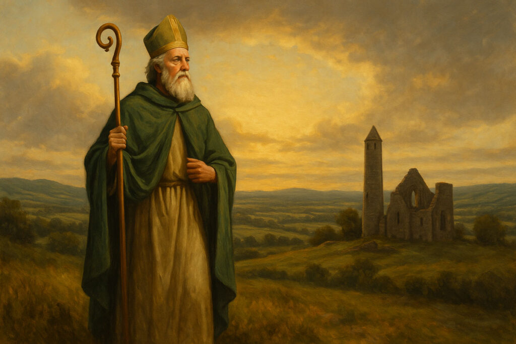 A painting-style depiction of St. Patrick standing on a hill overlooking the Irish countryside, holding a crozier. A soft golden sky, ancient ruins, and rolling green fields in the background. Spiritual, historic, and atmospheric.