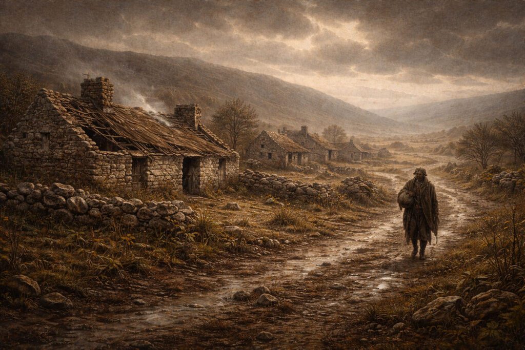 A painting-style historical scene showing an Irish famine-era landscape: abandoned stone cottages, a lone figure on a country road, with dark skies and muted earth tones. Sparse fields and a sense of loss and endurance. Somber, respectful, and atmospheric.