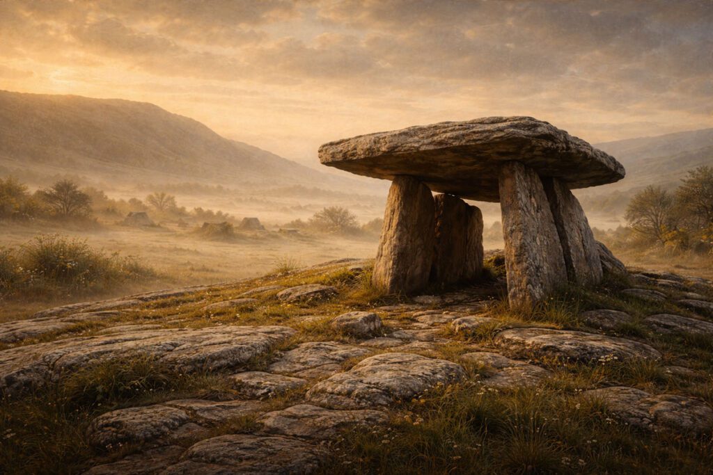 A painting-style landscape showing Poulnabrone Dolmen standing on the limestone plains of the Burren at dawn, with soft golden light and mist. In the distance, faint silhouettes of Carrowmore-style stone circles under a wide Irish sky. Ancient, atmospheric, and timeless.