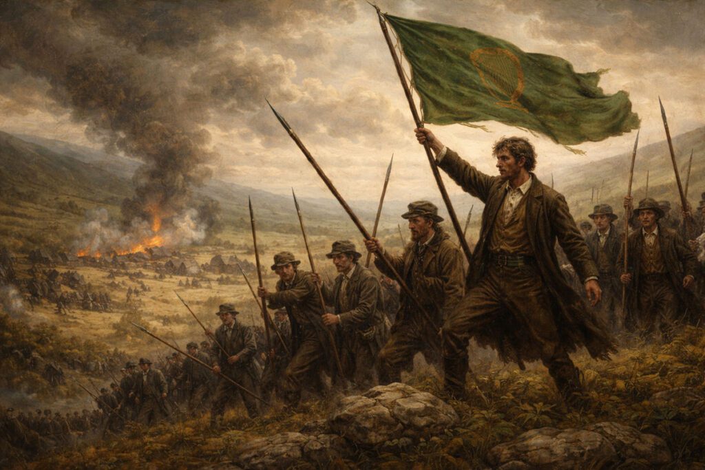 A painting-style depiction of the 1798 Irish Rebellion: pikemen standing on a windswept hill, holding pikes and flags, with smoke rising from distant villages. Dramatic skies, muted tones, historic and emotional atmosphere.