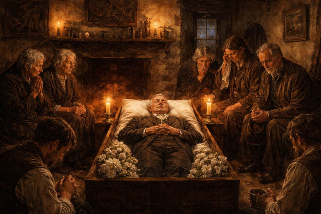 Traditional Irish wake scene with family and neighbors gathered around a deceased man laid out in a candlelit cottage, people praying and reflecting beside an open coffin, conveying mourning, community, and remembrance.