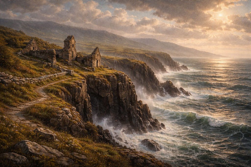 A painting-style landscape of Ireland’s Wild Atlantic Way showing rugged cliffs, crashing waves, and ancient stone ruins overlooking the ocean. Soft Atlantic light, dramatic skies, and a timeless, historic atmosphere.