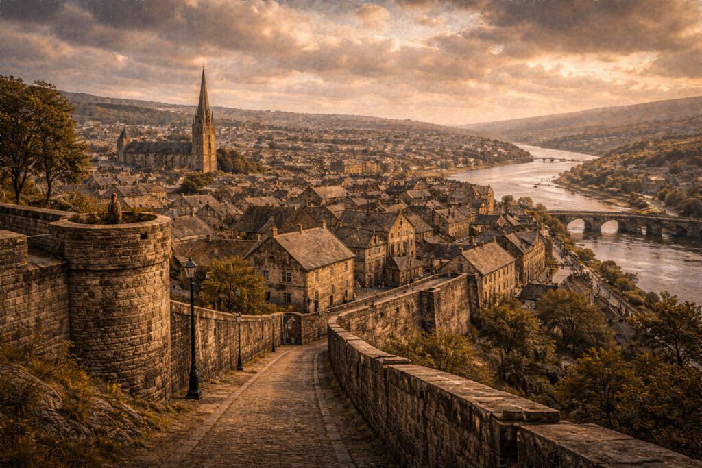 Panoramic view of Derry at sunset from the historic city walls, showing stone ramparts and a winding cobbled path in the foreground, St. Columb’s Cathedral rising above clustered rooftops, and the River Foyle flowing past an arched bridge under a golden, cloud-filled sky.