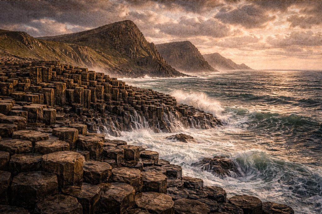 Waves crashing against the hexagonal basalt columns of the Giant’s Causeway on Ireland’s Causeway Coast, with rugged cliffs rising in the background beneath a dramatic, golden sunset sky.