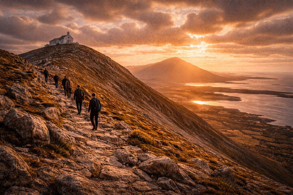 Pilgrims ascending Croagh Patrick at sunset with the summit chapel visible above and Clew Bay glowing in the distance, representing Ireland’s sacred mountain pilgrimage tradition.