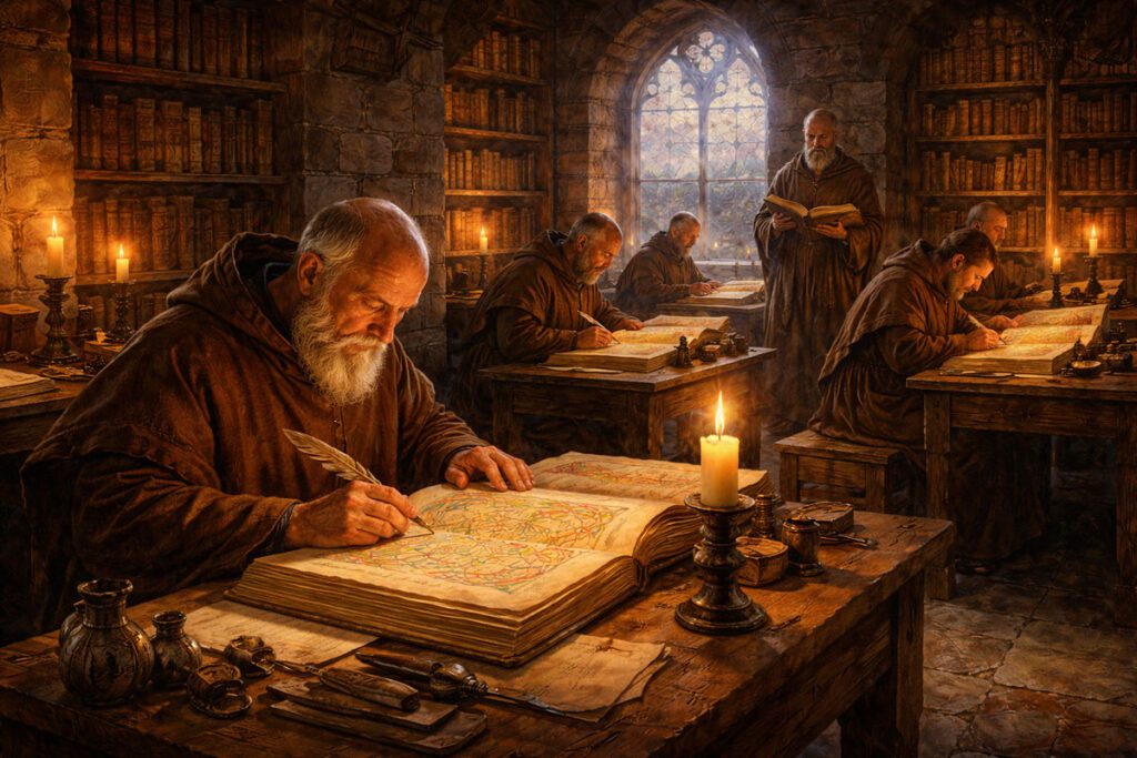 Medieval Irish monks working in a candlelit scriptorium, carefully copying illuminated manuscripts, representing Ireland’s role in preserving knowledge during the Dark Ages.