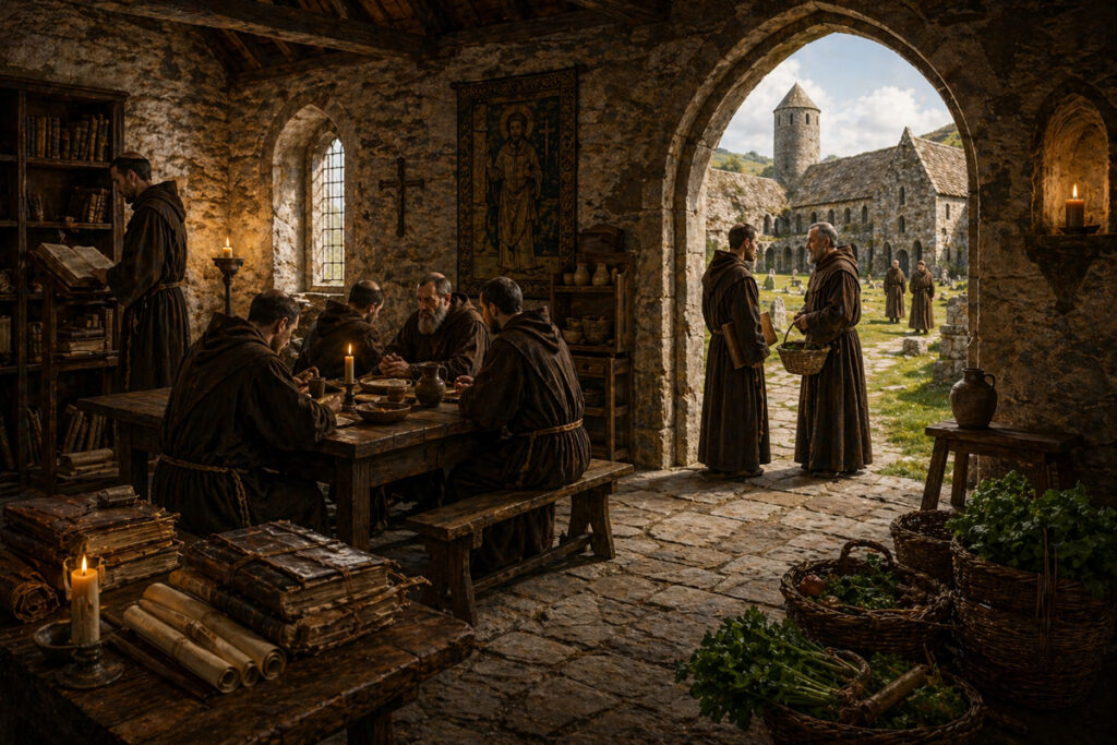 Medieval Irish monastery interior with monks gathered for prayer, study, and daily life activities