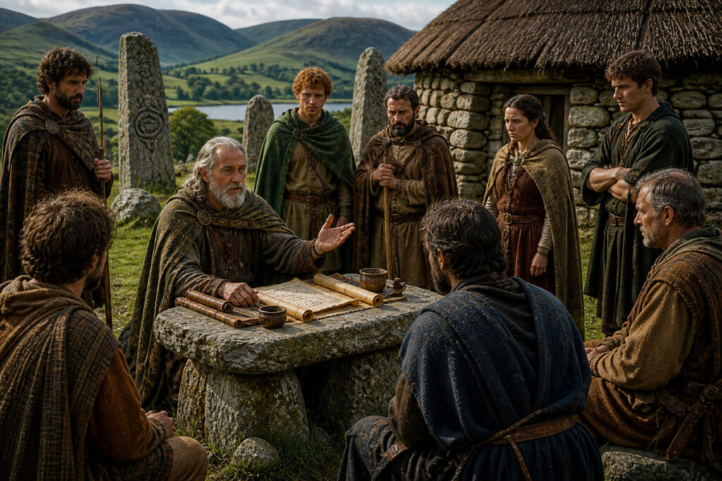 Ancient Irish Brehon judge seated at a stone table resolving a dispute among villagers, set in a rural landscape with standing stones and a thatched roundhouse, representing Ireland’s early legal system.