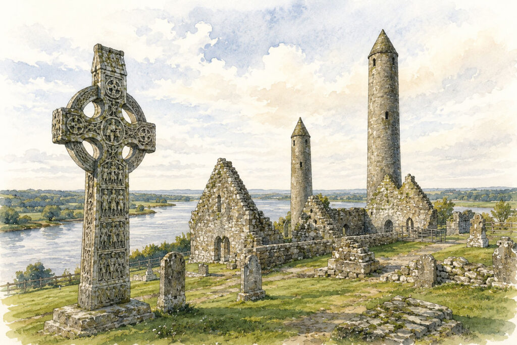 Ancient ruins and round towers of Clonmacnoise beside the River Shannon in Ireland