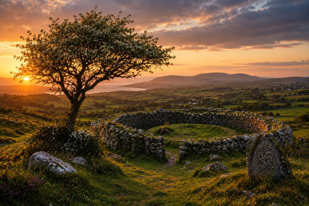 Lone hawthorn tree beside an ancient fairy fort at sunset, overlooking the rolling green hills and coastline of rural Ireland.