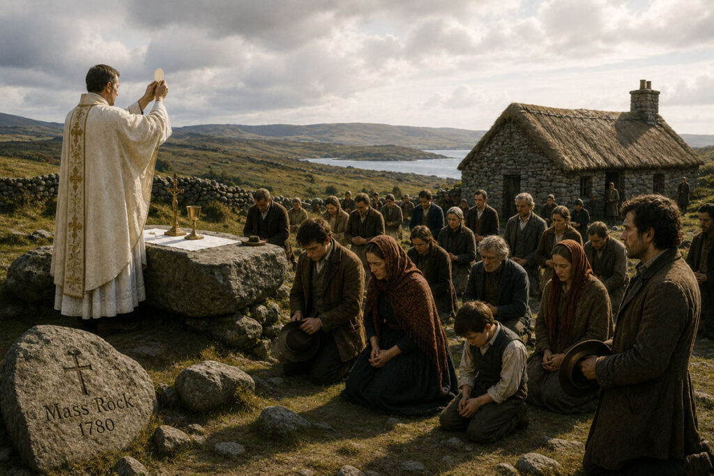 Irish Catholics gathered for an outdoor Mass at a secluded Mass rock during the Penal Laws era, reflecting religious restrictions and perseverance in 18th-century Ireland.